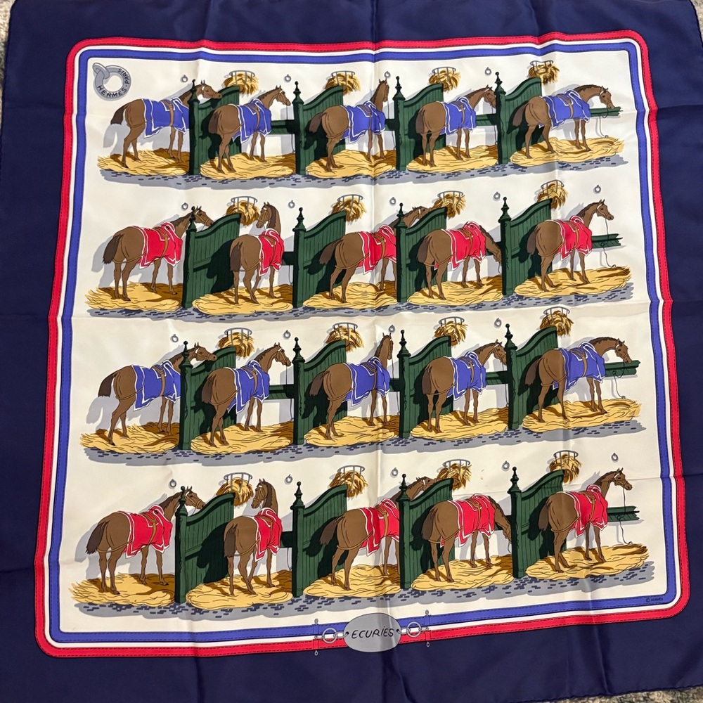 Hermes Blue and Red Equestrian Silk Scarf